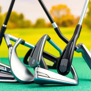 Variety of women's golf irons with colorful designs on the green.