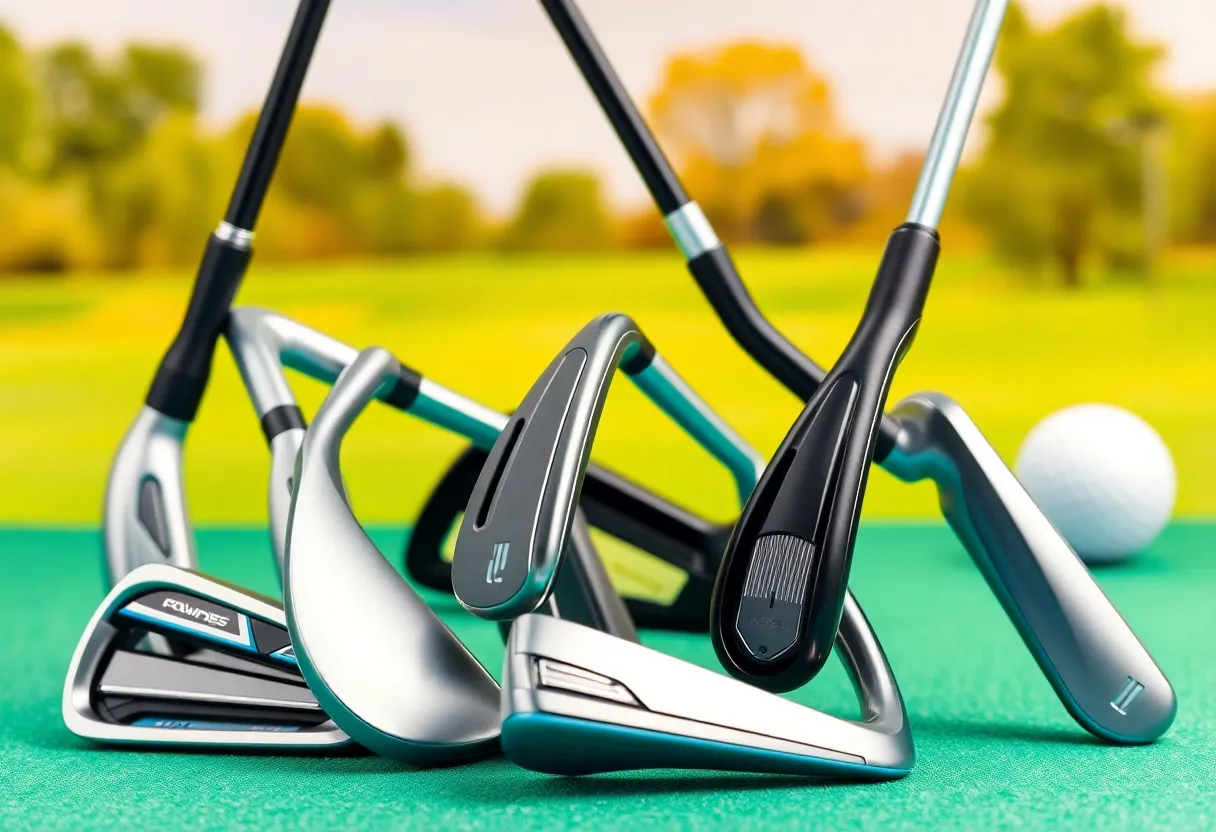 Variety of women's golf irons with colorful designs on the green.