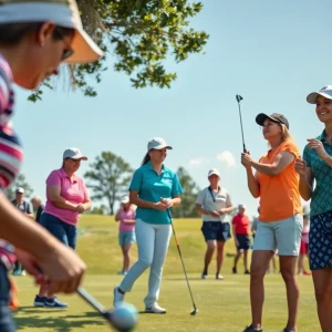 A women's golf tournament with female golfers playing on a green course