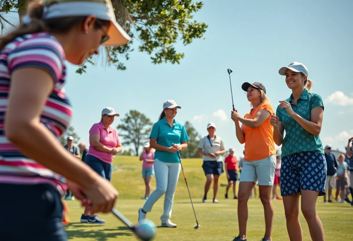 A women's golf tournament with female golfers playing on a green course