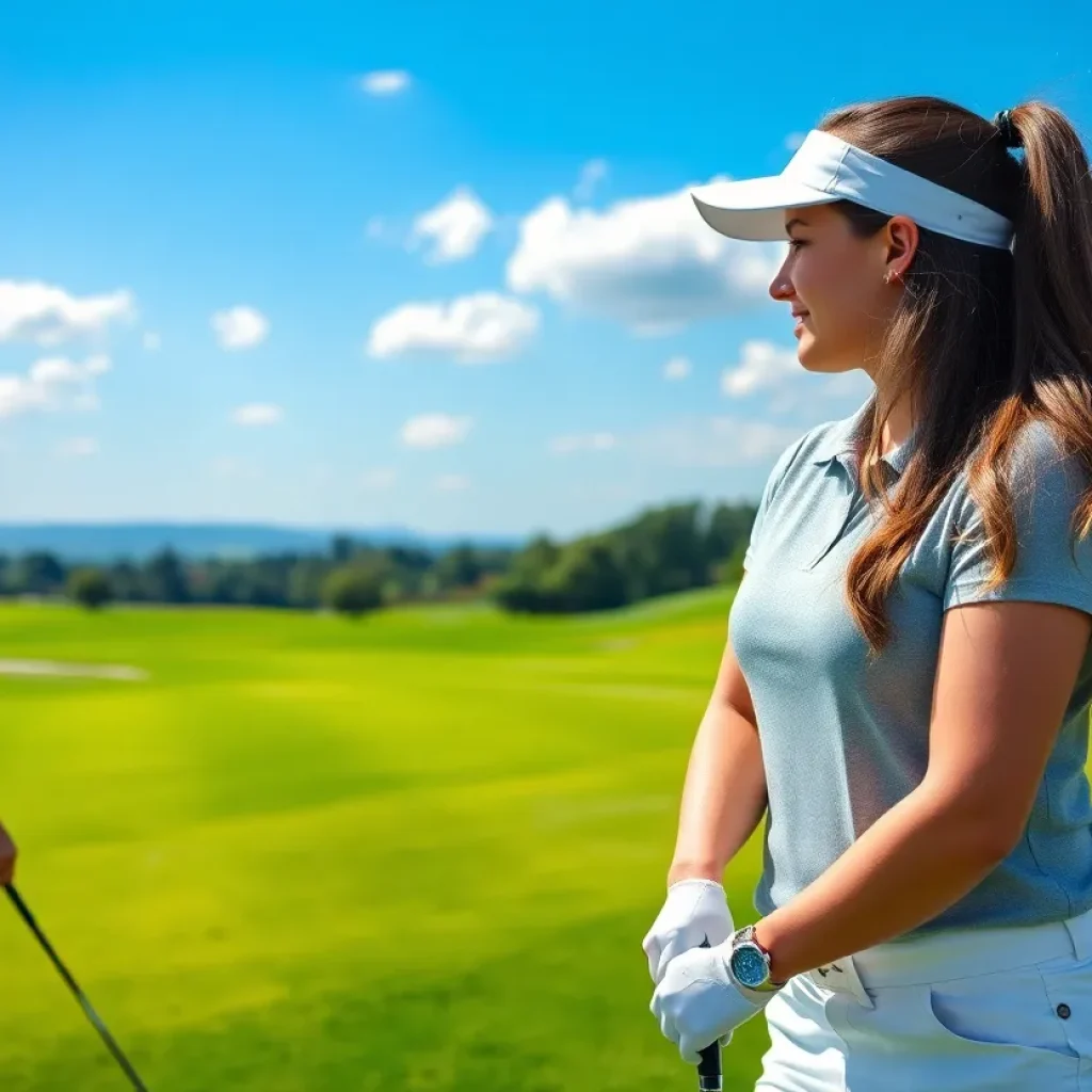 Twin sisters golfing on a beautiful golf course