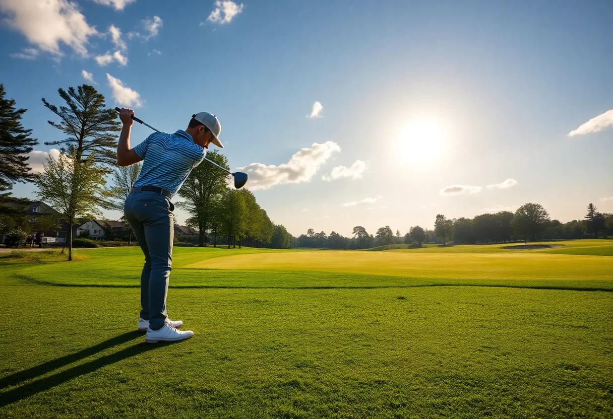 A young golfer practicing on a beautiful golf course.