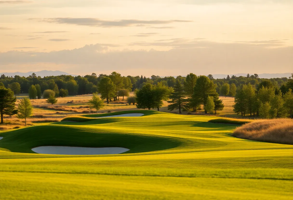 Lush green golf course intricately maintained with sand traps and scenic landscaping