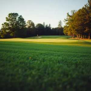 Close up of a beautiful golf course with lush greens and blue sky.