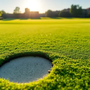 Close-up of a beautiful golf course featuring lush landscapes