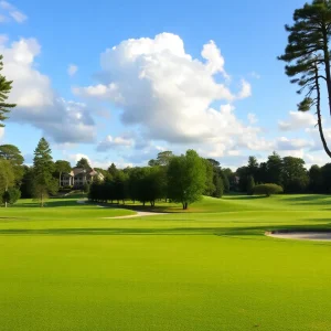 Close up of a beautiful golf course featuring green landscapes.