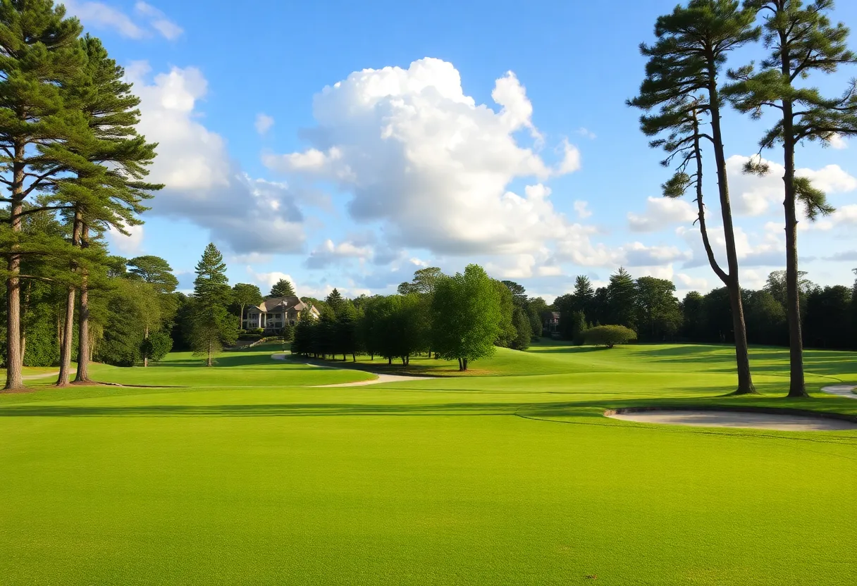 Close up of a beautiful golf course featuring green landscapes.