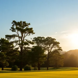 Close up of a beautiful golf course with manicured grass and scenic views.