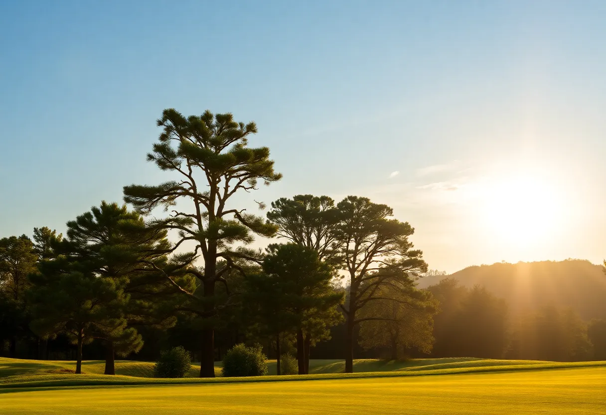 Close up of a beautiful golf course with manicured grass and scenic views.