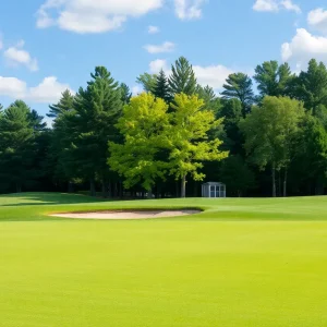 Close up of a beautiful golf course with lush green grass and blue sky.