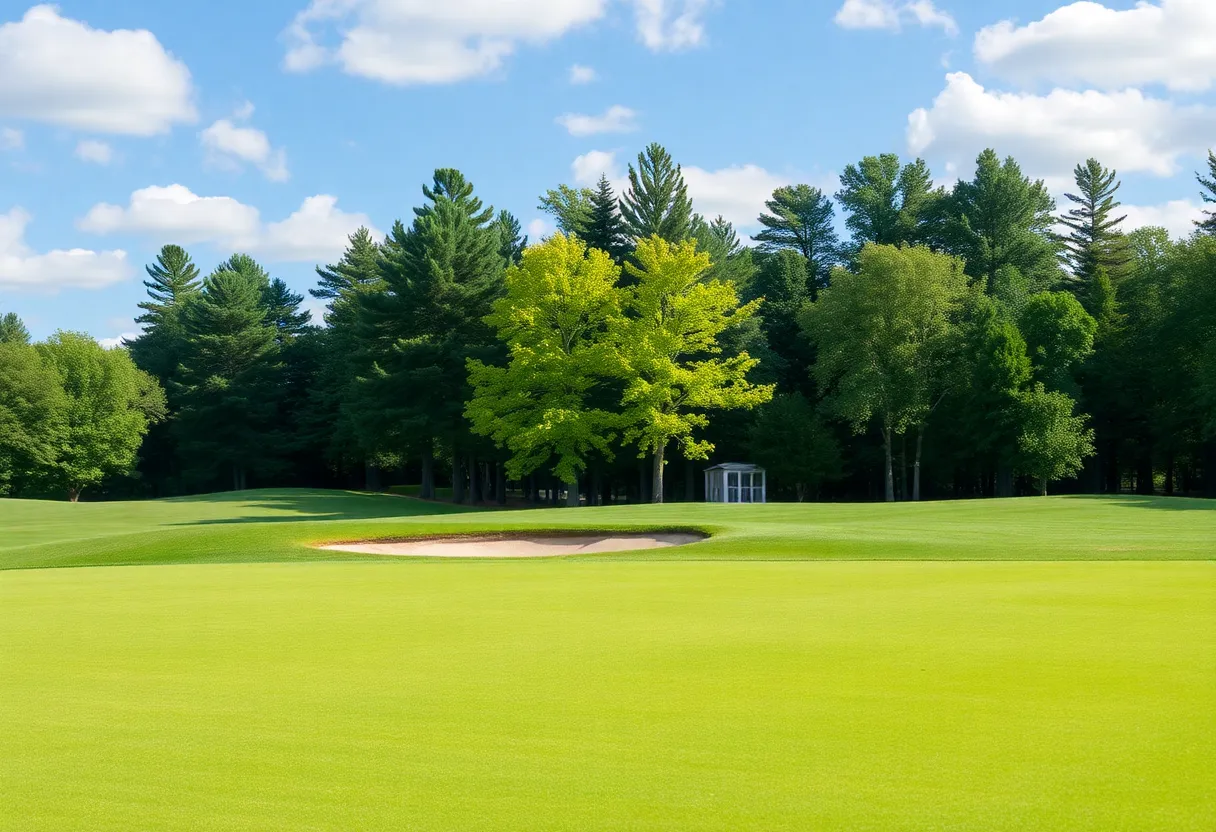 Close up of a beautiful golf course with lush green grass and blue sky.