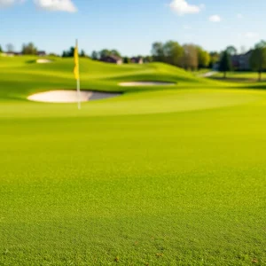 Close up of a beautiful golf course with manicured greens and sunny skies