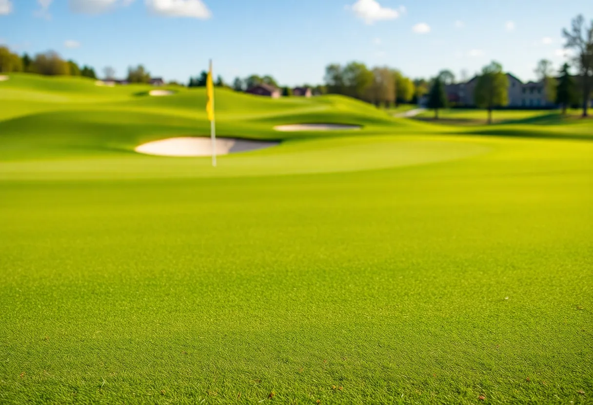 Close up of a beautiful golf course with manicured greens and sunny skies