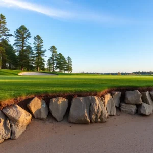 Close up view of a beautiful golf course showcasing the greens and fairways.