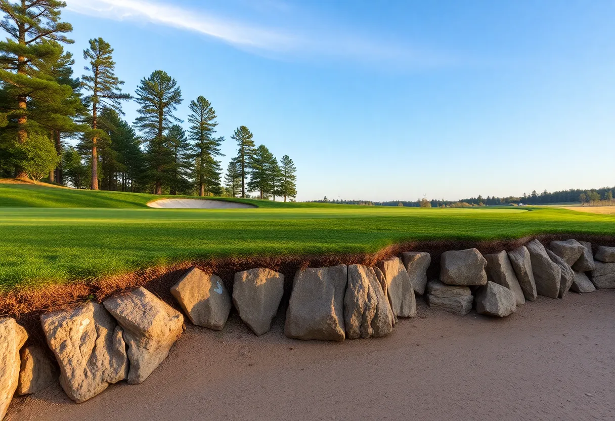 Close up view of a beautiful golf course showcasing the greens and fairways.