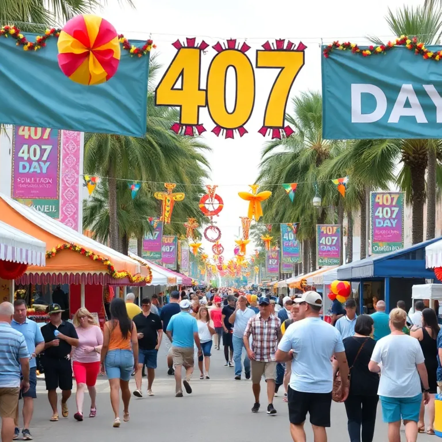 People enjoying the 407 Day festival in Central Florida with decorations and activities