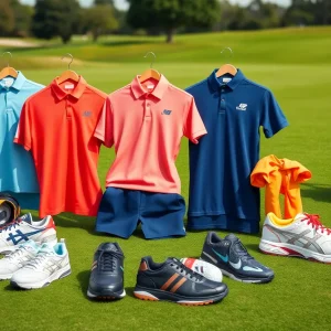 Spring collection of Adidas Golf gear including shoes, shirts, and golf accessories on a course