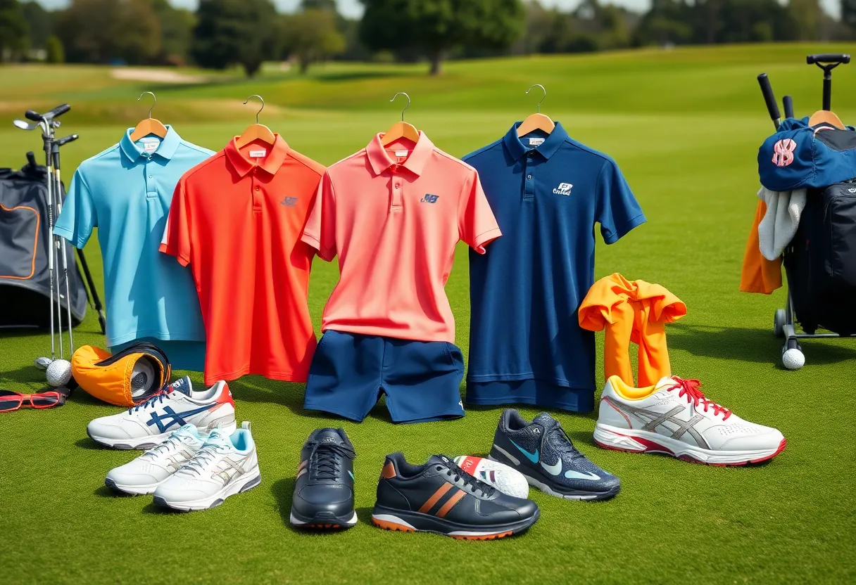 Spring collection of Adidas Golf gear including shoes, shirts, and golf accessories on a course