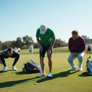 Golfers discussing AimPoint green reading techniques on the green