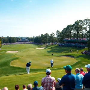 View of the Arnold Palmer Invitational golf tournament with players and spectators.