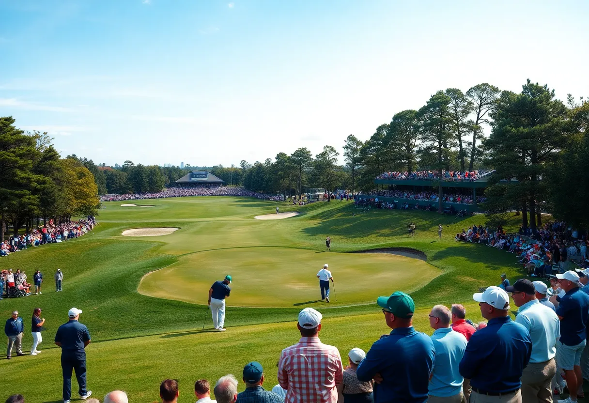 View of the Arnold Palmer Invitational golf tournament with players and spectators.