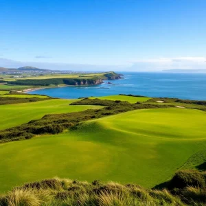 Scenic view of an Ayrshire golf course with golfers playing