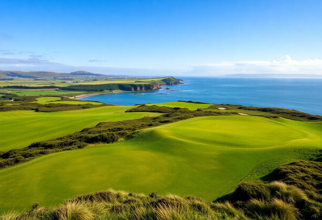 Scenic view of an Ayrshire golf course with golfers playing