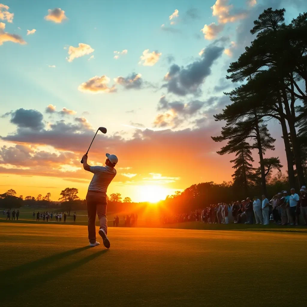 Decorative image of a golf course with golfers on the greens.