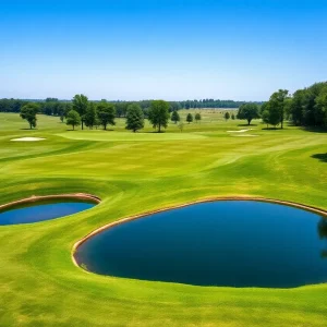 Scenic view of Bay Hill Golf Course featuring hilly terrain and a water hazard