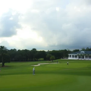 Golfers at Bay Hill Golf Course with cloudy skies