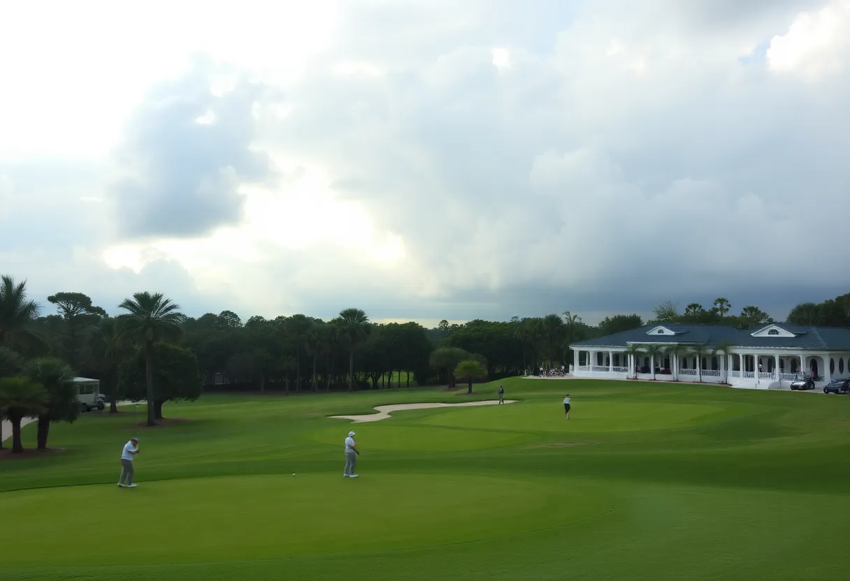 Golfers at Bay Hill Golf Course with cloudy skies