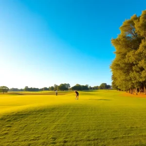 Golfers playing at Bay Hill Golf Course under clear blue skies