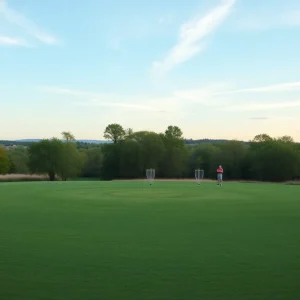 Aerial view of Beal Slough Disc Golf Course with players and baskets