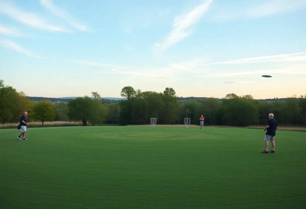 Aerial view of Beal Slough Disc Golf Course with players and baskets