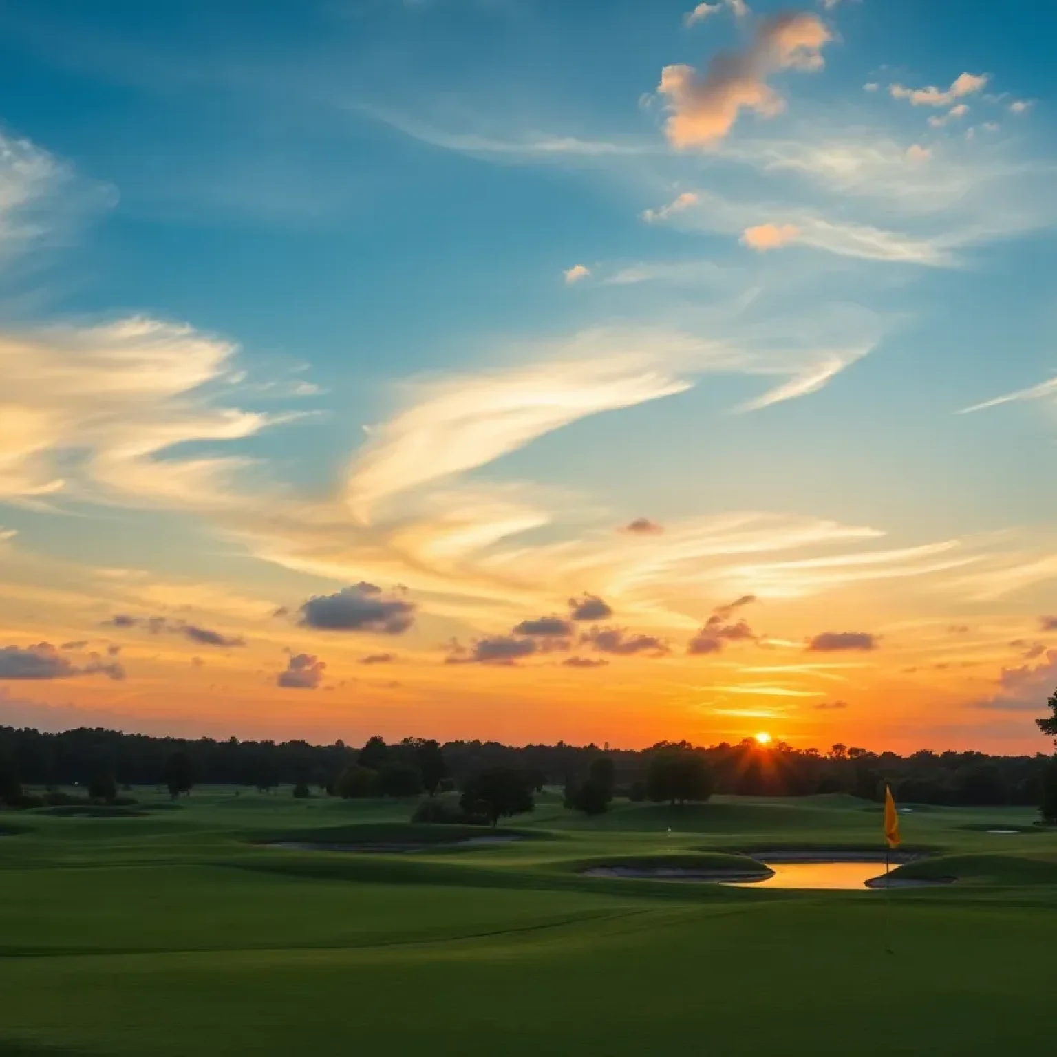 A picturesque golf course at sunset, showcasing green fairways and water features.