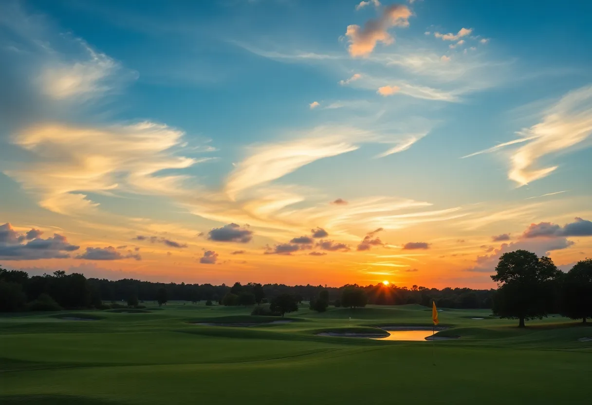 A picturesque golf course at sunset, showcasing green fairways and water features.