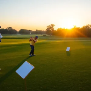 Golfers practicing swings at sunrise on a beautiful golf course