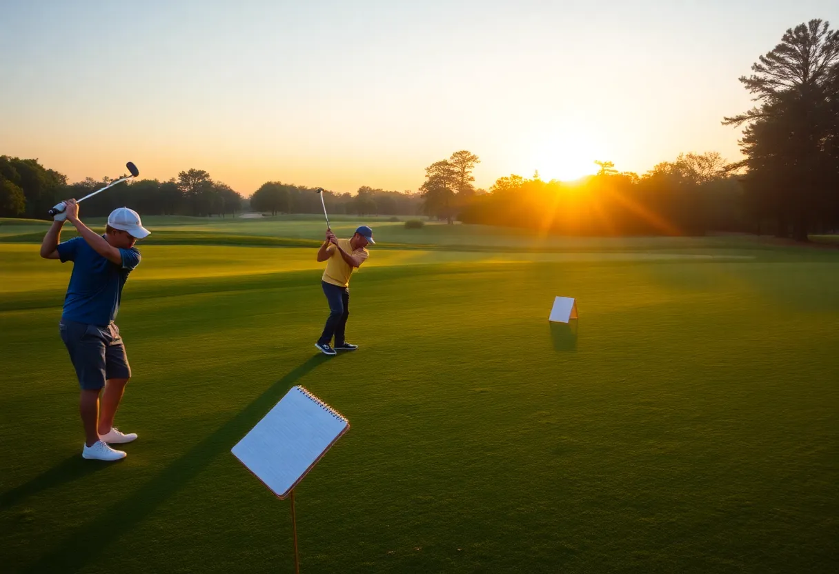 Golfers practicing swings at sunrise on a beautiful golf course