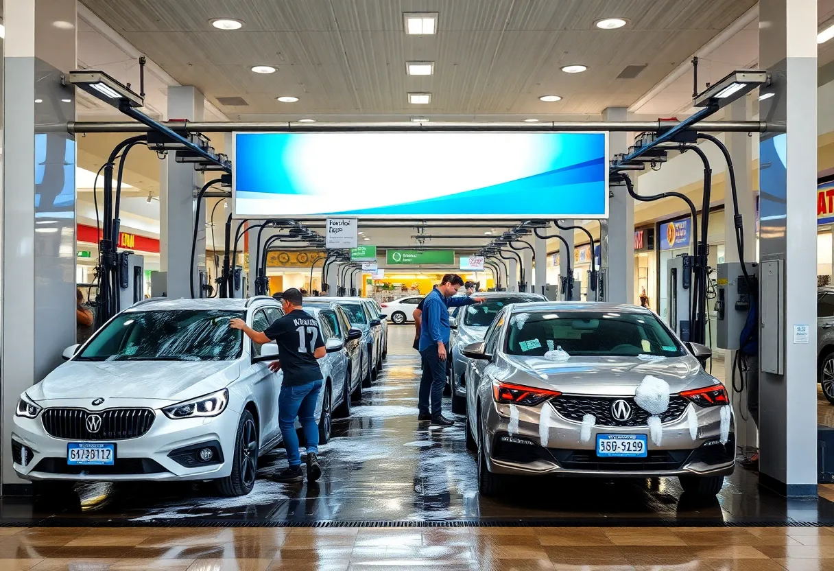 A car wash facility in Orlando with bright signage and clean vehicles.