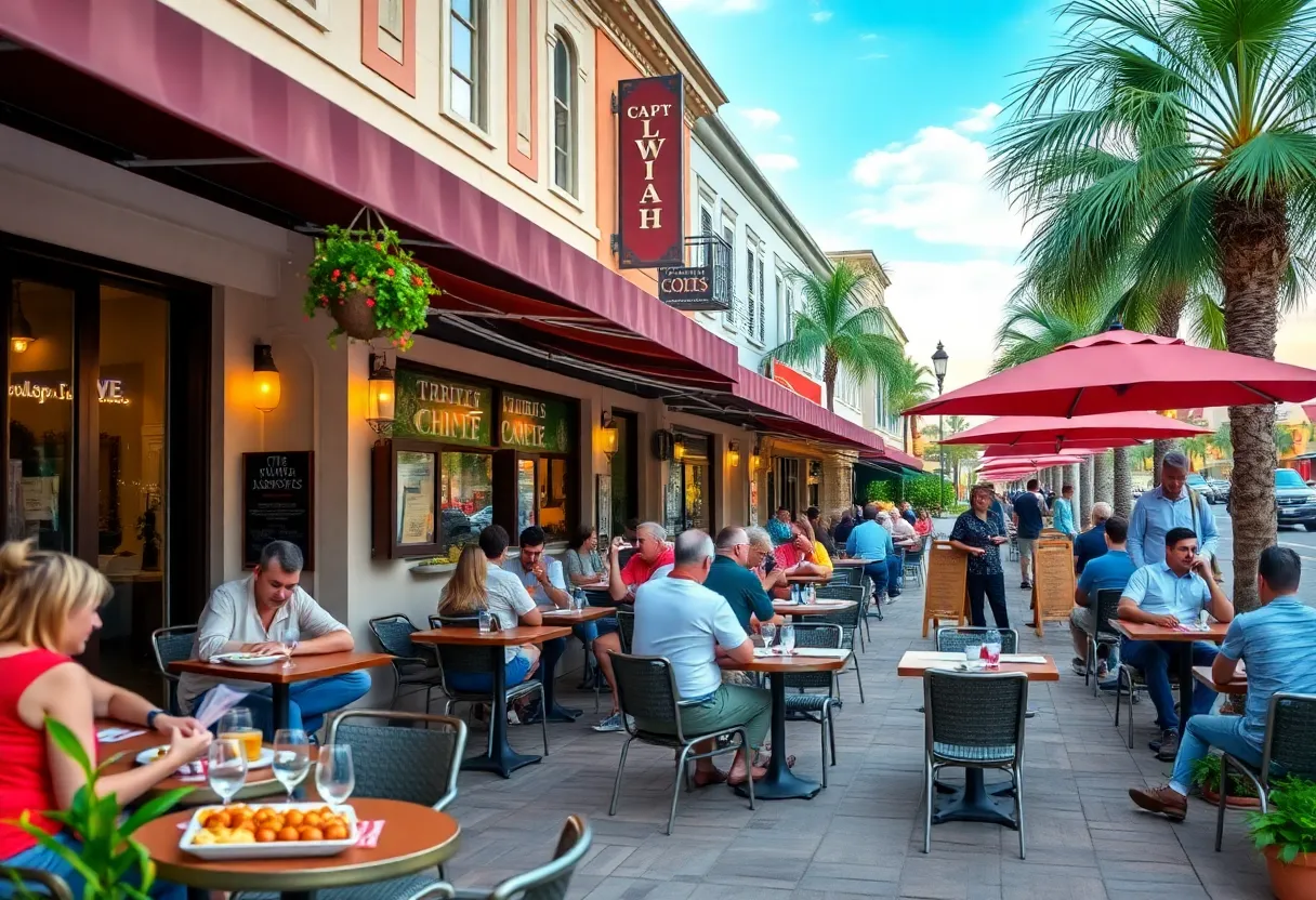 A lively restaurant scene in Central Florida with outdoor seating and diners enjoying their meals.