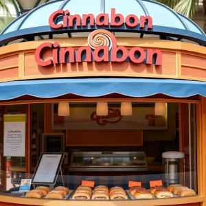 Cinnabon kiosk showcasing cinnamon rolls