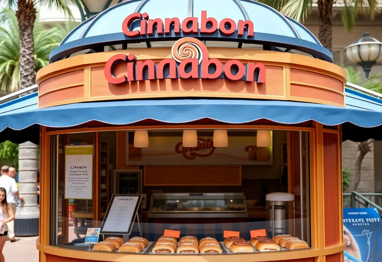 Cinnabon kiosk showcasing cinnamon rolls