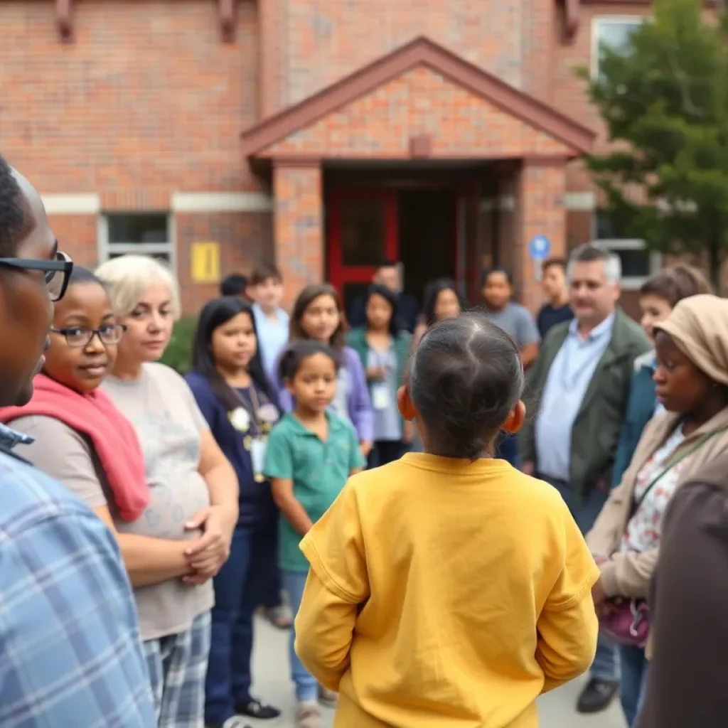 Community members discussing school safety measures following teacher's arrest.