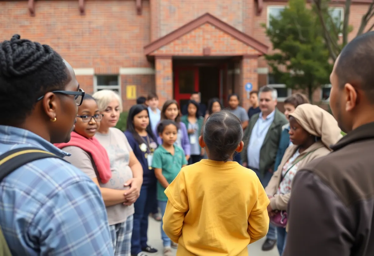 Community members discussing school safety measures following teacher's arrest.