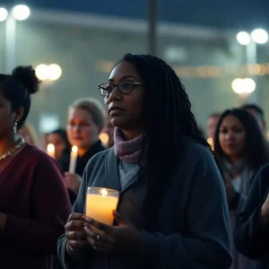 Community members holding candles during a memorial service