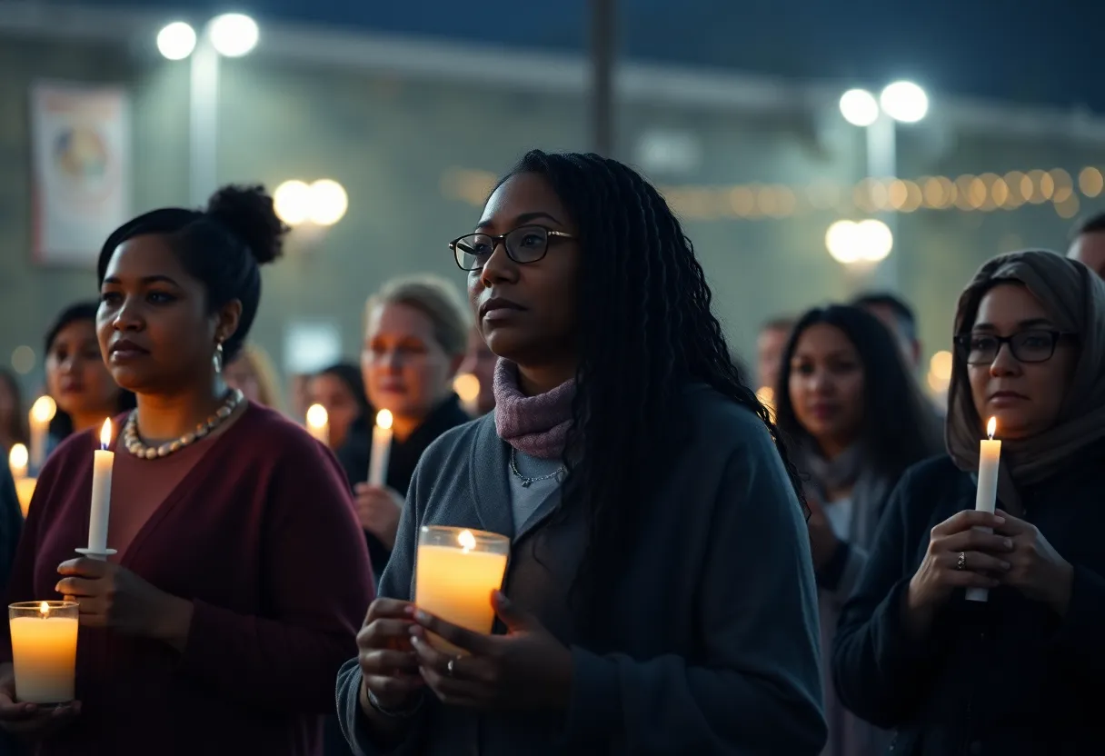 Community members holding candles during a memorial service