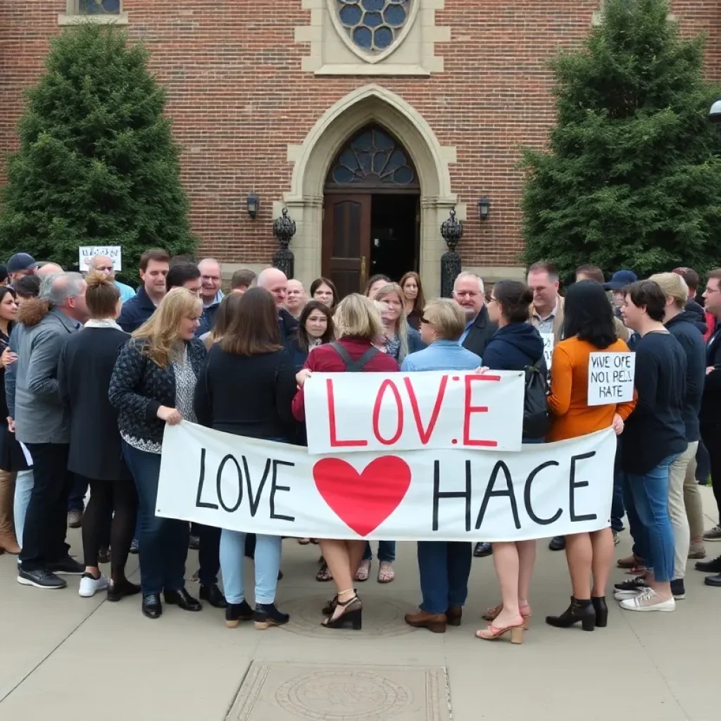 Community members forming a protective circle outside an LGBTQ+ affirming church.