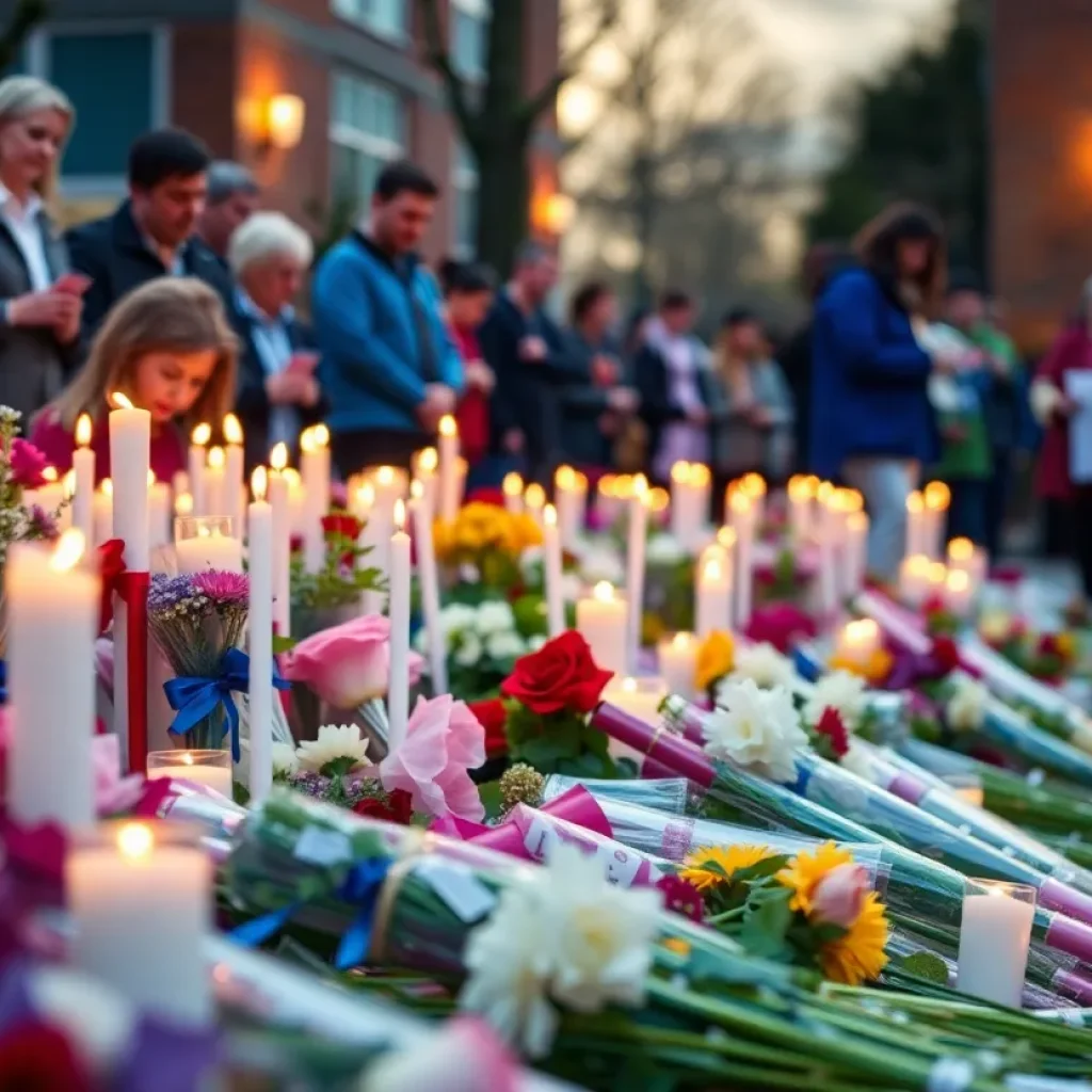 Memorial tribute for a lost student featuring candles and flowers in a school setting.