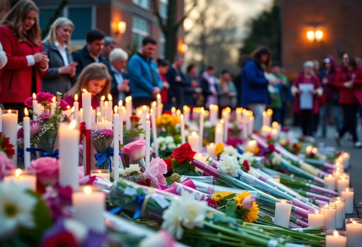 Memorial tribute for a lost student featuring candles and flowers in a school setting.