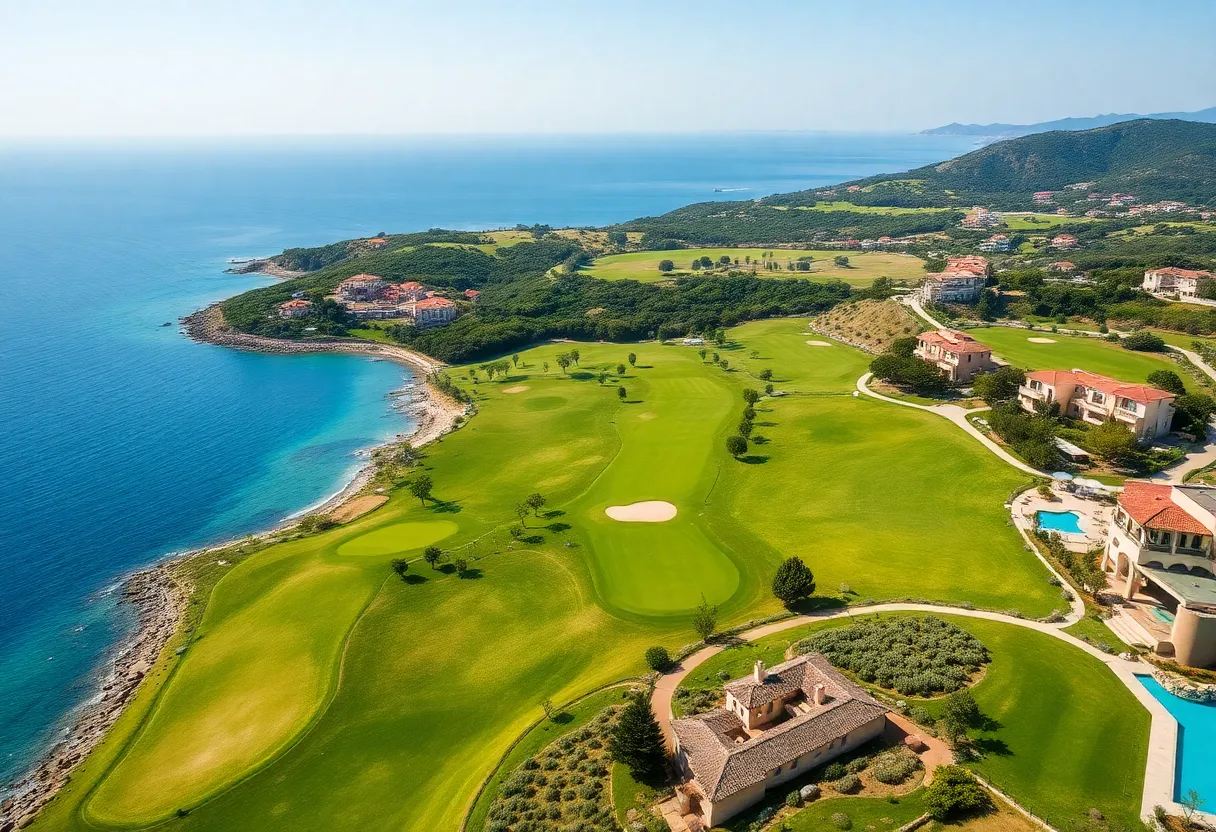 Lush greens of Costa Navarino Golf Resort with Mediterranean views